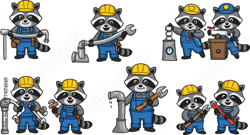 Cartoon raccoon plumber, construction worker animal, cute handyman character, plumbing repair mascot, maintenance raccoon, builder illustration, funny worker art, tools