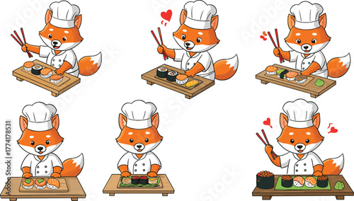 Cartoon red panda sushi chef, Japanese cuisine illustration, cute animal cooking, sushi preparation art, culinary character design, restaurant mascot, kitchen scene