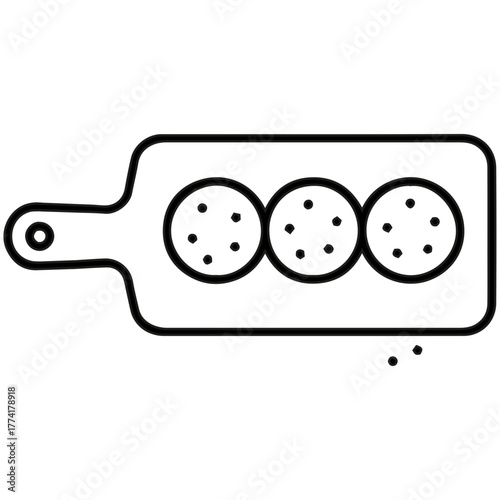 Artisan Charcuterie: An overhead, minimalist composition unveils a wooden cutting board, elegantly showcasing three perfectly arranged salami slices. A stark, clean aesthetic.