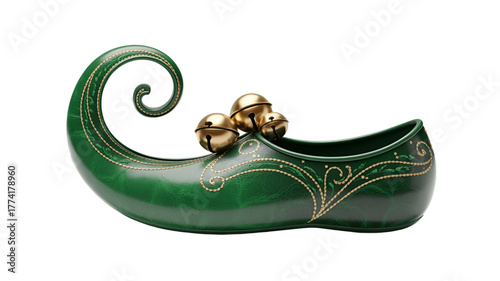 A whimsical green elf shoe adorned with golden bells.