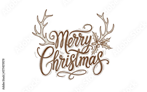 Brown Script Merry Christmas Calligraphy with Antlers and Holly Vector Typography on Transparent Background