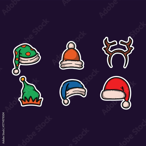 Festive Christmas Hat Icons Set With Santa Hat, Reindeer Antler, And Winter Accessories