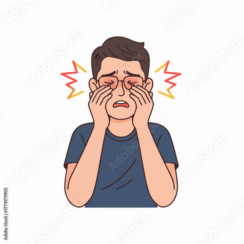 Man with painful eyes rubbing them, feeling discomfort and stress