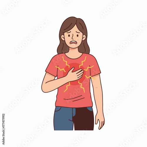 Woman clutching chest in pain, experiencing sudden heart discomfort and anxiety