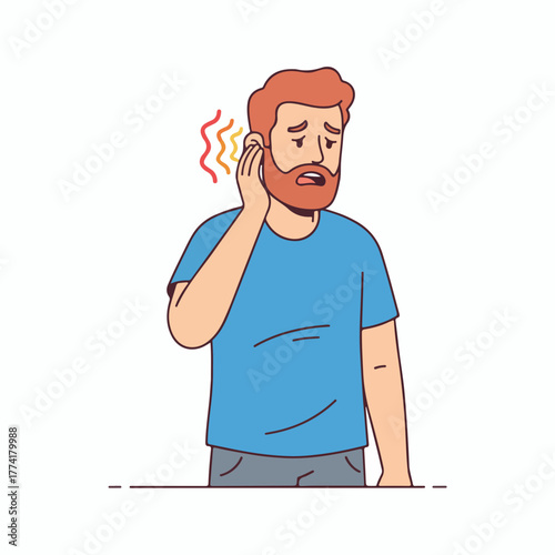 Man experiencing ear pain and discomfort with wavy lines indicating sound