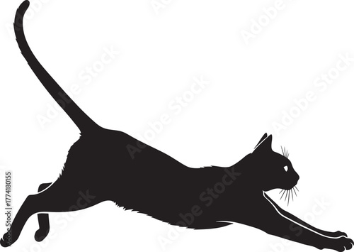 Sleek black cat silhouette in a dynamic stretching or jumping pose, captured mid-motion with its body elongated and tail held high, conveying agility and grace in this striking graphic illustration.