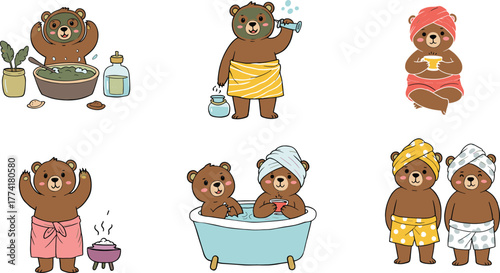 Cartoon bears self care, cute animal hygiene, bath time illustration, wellness routine art, playful bear characters, spa relaxation, children’s education