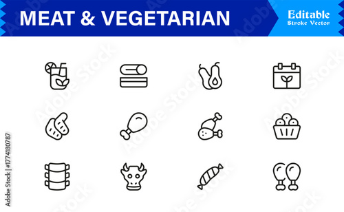 Meat And Vegetarian Food Line Icon Set – Professional, Minimal, Modern, and Editable Collection of Pixel-Perfect Outline Icons for Healthy Lifestyle Designs