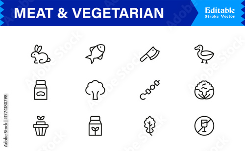 Meat And Vegetarian Food Line Icon Set – Professional, Minimal, Modern, and Editable Collection of Pixel-Perfect Outline Icons for Healthy Lifestyle Designs