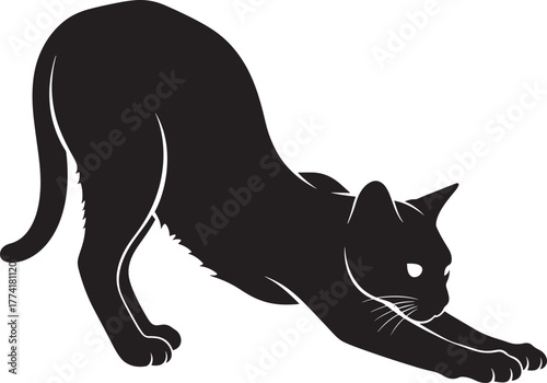Black cat silhouette stretching and arching its back, depicting a yoga pose or wake-up stretch, with clean lines and a minimalist aesthetic. dynamic pose of domestic feline.