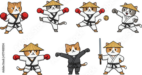 Cartoon cats practicing martial arts, whimsical animal illustration, karate and kung fu artwork, playful combat design collection, feline warrior character concept setCartoon cats practicing martial 