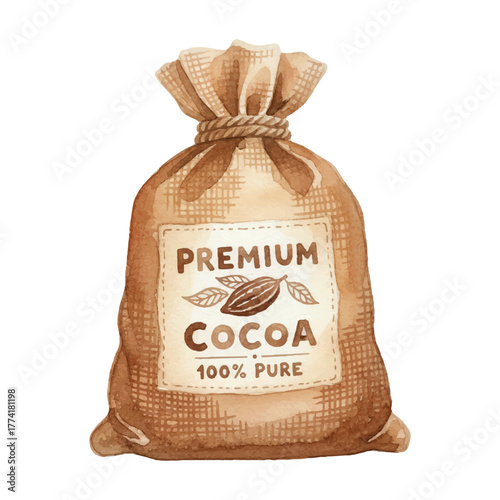 Watercolor Bag of Cocoa Beans, Rustic Kitchen Pantry Clipart on White

