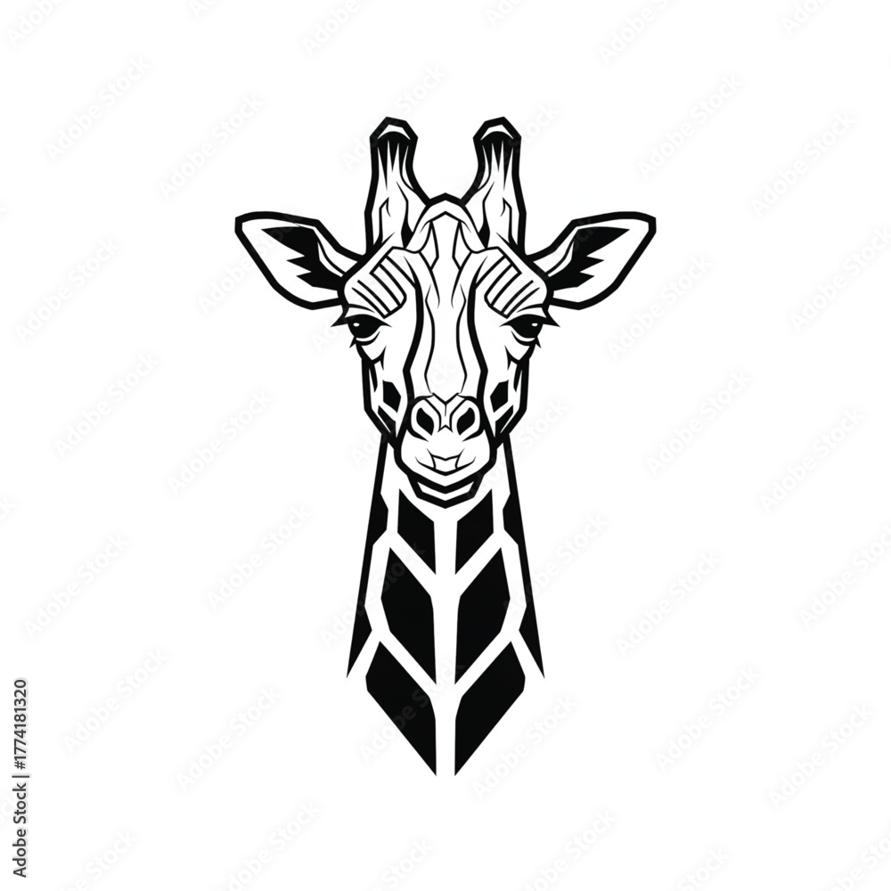 Obraz premium Captivating black and white geometric illustration of a giraffe head, a modern tribal art design evoking the spirit of African wildlife with its intricate patterns and stylized form