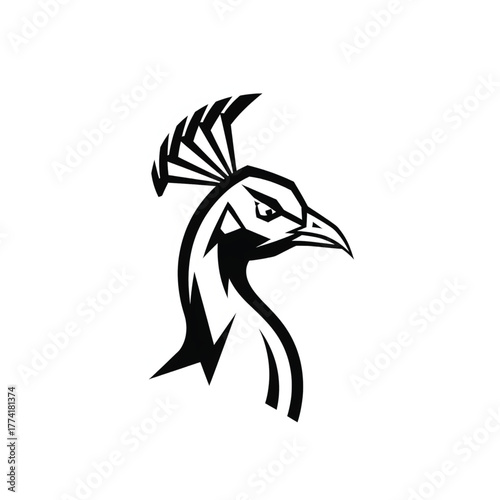 Bold black and white mascot of a fierce peacock head viewed from the side. Stylized peafowl graphic with a prominent crest, perfect for a logo or team emblem