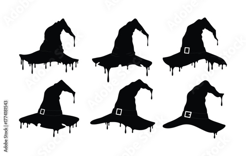 Set of six black witch hat silhouettes with a spooky dripping ink or paint effect for Halloween