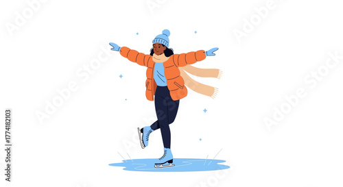 Happy Woman Ice Skating in Winter Clothes