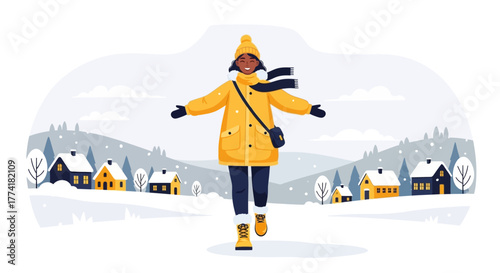 Happy Woman Enjoying Winter in a Snowy Village