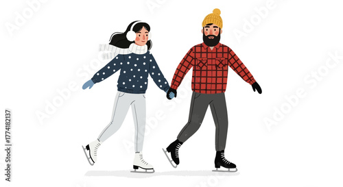 Vector Illustration of a Couple Skating in Winter