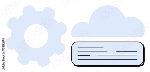 Gear beside a cloud and text representing data integration, storage, and processing. Ideal for concepts thumbs up technology, cloud computing, software, innovation, process, communication simple