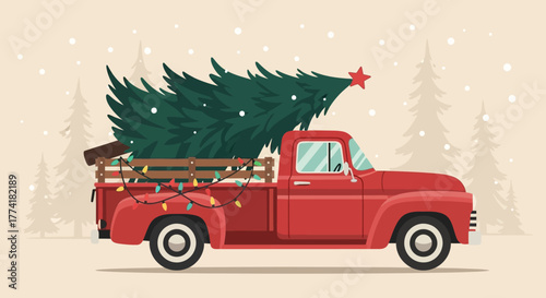 Red Retro Pickup Truck Carrying a Christmas Tree