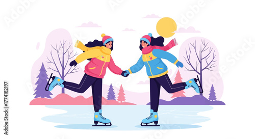 Happy Friends Ice Skating Together in Winter