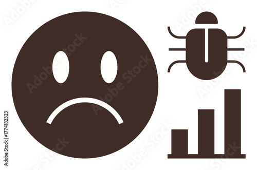 Sad face next to bug and downward bar chart symbolizing technical failures, system errors, or negative trends. Ideal for technology, software development, cybersecurity, troubleshooting, performance