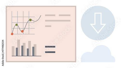 Line chart, bar graph, equal sign, cloud, and download arrow. Ideal for analytics, reports, cloud storage data sharing productivity efficiency technology. Simple flat metaphor