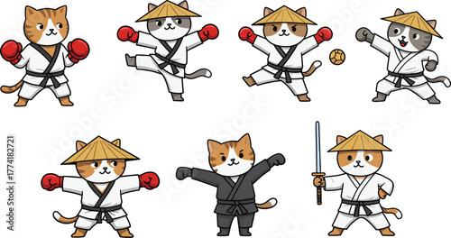 Cartoon cats practicing martial arts, whimsical animal illustration, karate and kung fu artwork, playful combat design collection, feline warrior character concept setCartoon cats practicing martial 