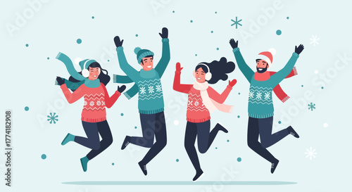Vector Illustration of People Celebrating in Snow