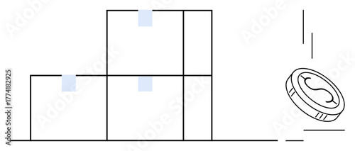 Stacked boxes with labels indicate shipment or storage while a coin drops nearby, suggesting investment or cost. Ideal for logistics, finance, economy, trade, e-commerce, savings shipping. Simple