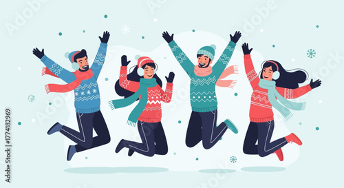 Group of Happy Friends Jumping in the Snow