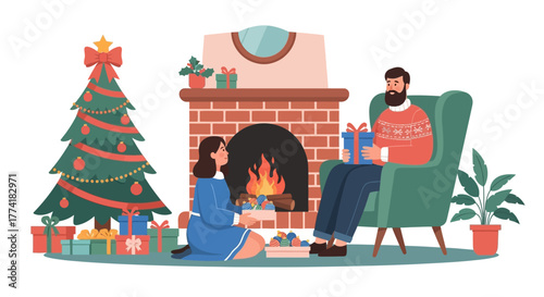 Man and Woman Celebrating Christmas at Home