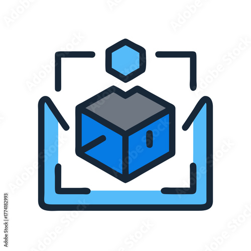 3D modeling software icon with blue box and frame in black backdrop