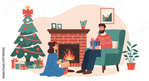Couple Exchanging Christmas Gifts by the Fireplace