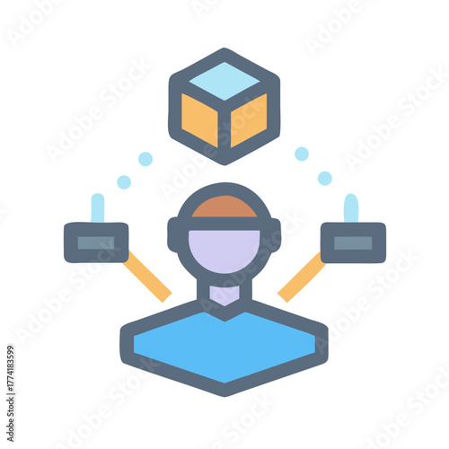 Digital worker manipulating a virtual cube with floating controls and headset