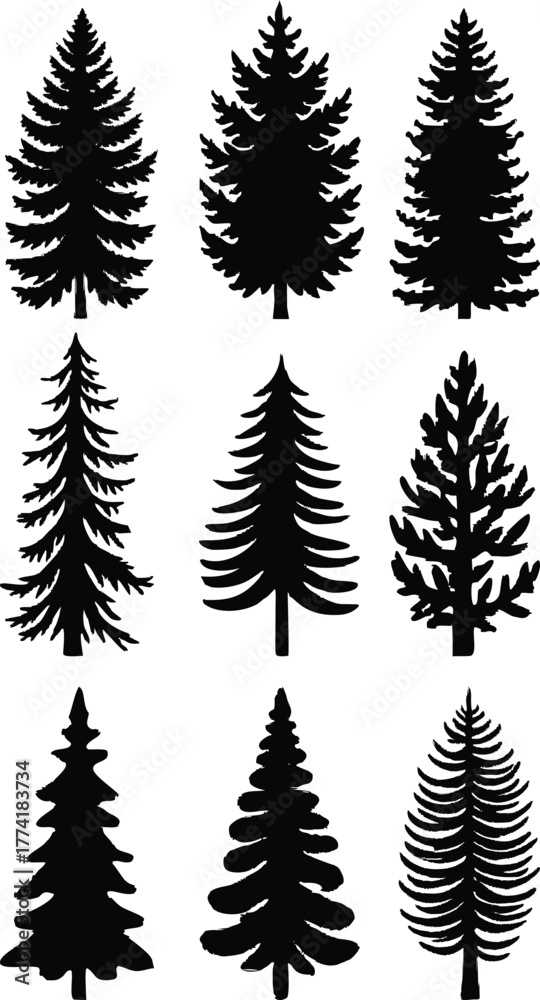 Fototapeta premium Vector set of green fir trees and leafy plants for nature forest or Christmas holiday decoration