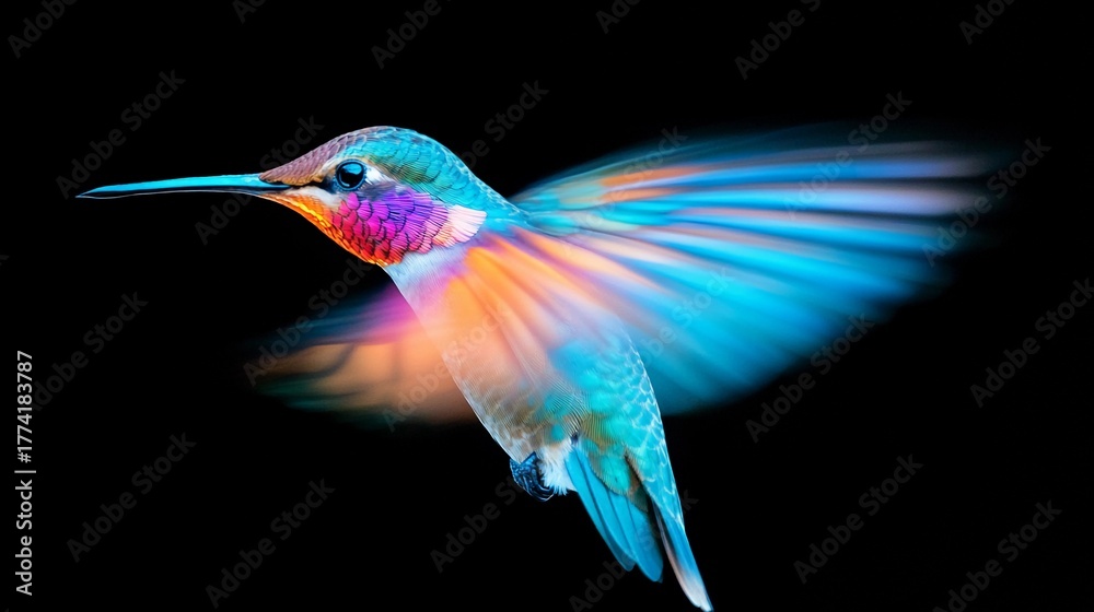 Obraz premium Colorful hummingbird in mid-flight showcasing vibrant wings in high speed motion against a dark background