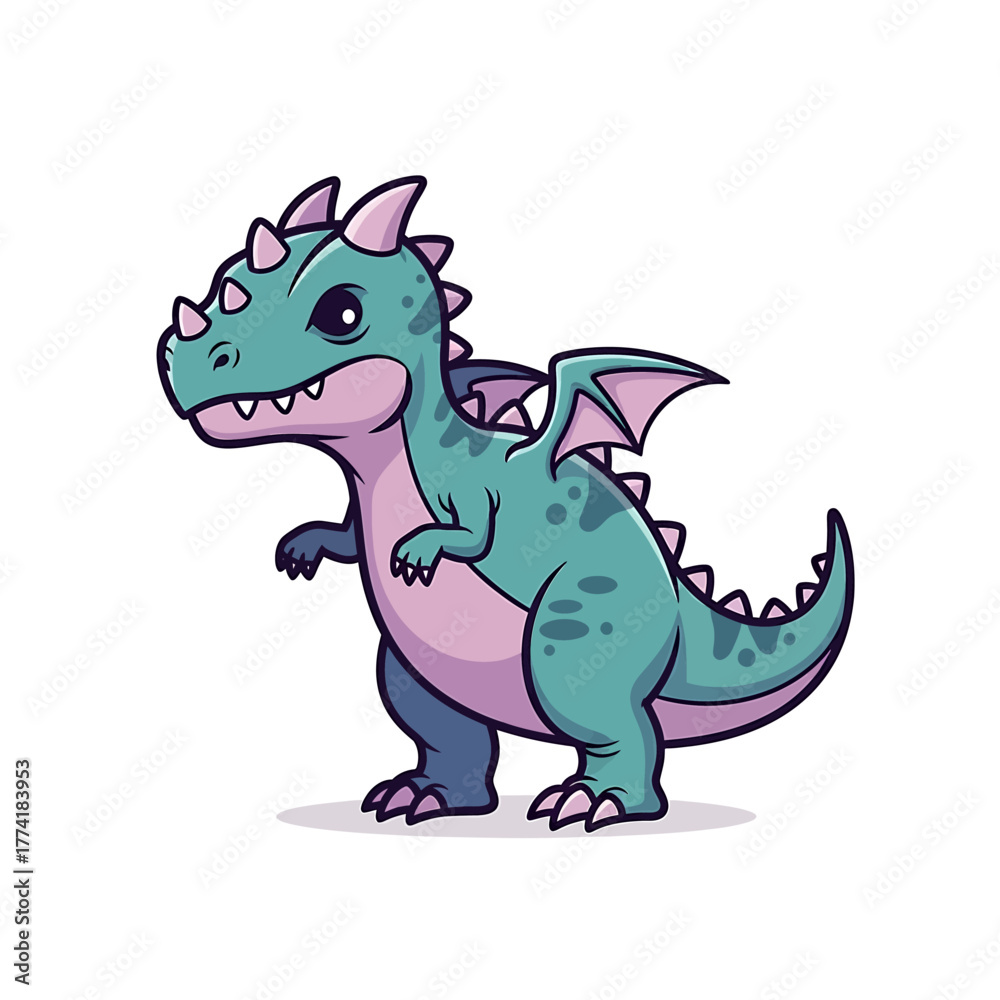 Fototapeta premium Cute cartoon dragon illustration with teal scales, pink accents, and small wings.