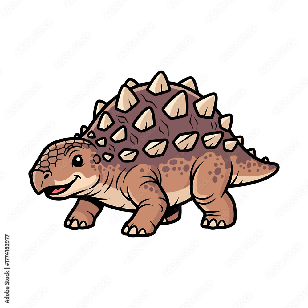 Fototapeta premium Cute cartoon baby Ankylosaurus dinosaur with armor and spikes on a white background.
