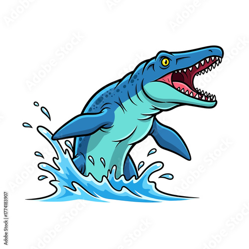 Cartoon mosasaur emerging from water with open mouth and sharp teeth, illustration.
