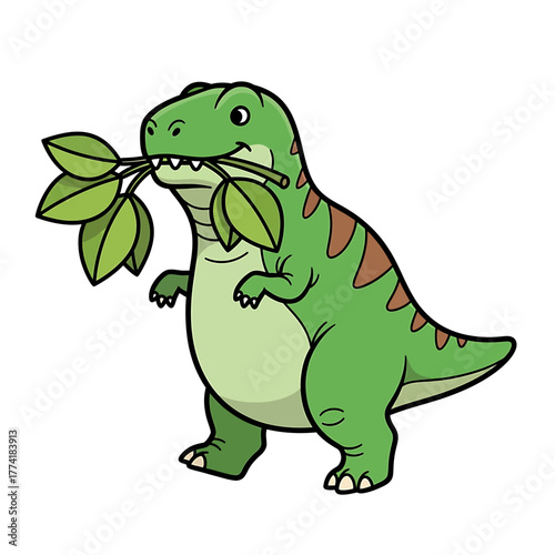 Cute cartoon green T-Rex dinosaur holding a leafy branch in its mouth, isolated on white background.