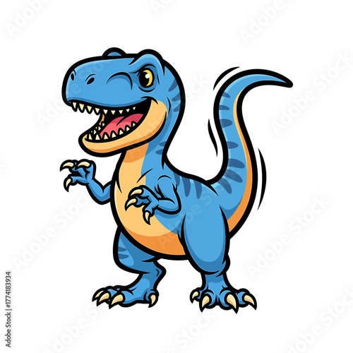 A cute cartoon blue Tyrannosaurus Rex dinosaur with a friendly smile and winking eye, standing on a white background.