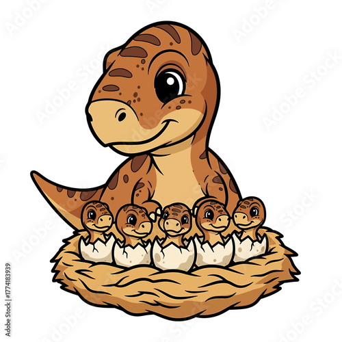 A cute cartoon mother dinosaur watches over her five newly hatched babies in a nest.