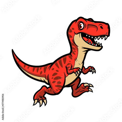 Cartoon illustration of a red Tyrannosaurus Rex running with a happy expression.