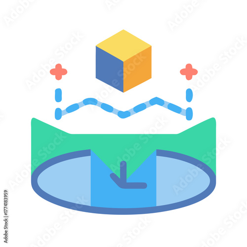 Data visualization icon depicting a cube hovering above a circular platform