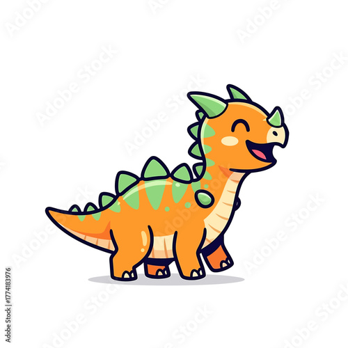 Cartoon illustration of a happy orange dinosaur with green accents, smiling and walking.
