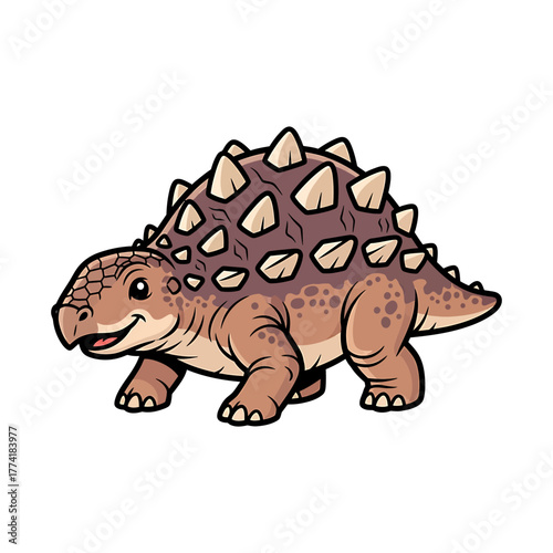 Cute cartoon baby Ankylosaurus dinosaur with armor and spikes on a white background.