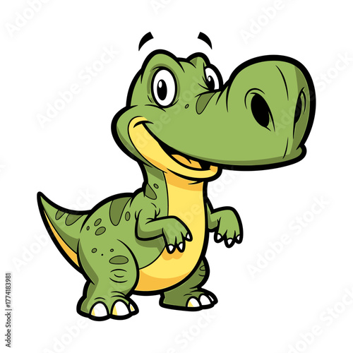 A cute, cartoonish green dinosaur with a big snout and a friendly smile.