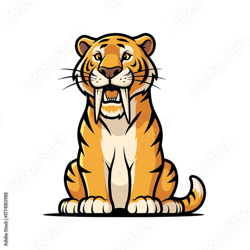 Cute cartoon saber-toothed tiger illustration sitting with large fangs and striped fur on a white background.