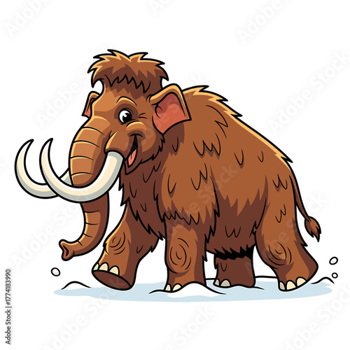 A cartoon illustration of a woolly mammoth walking on a snowy surface with a smile.